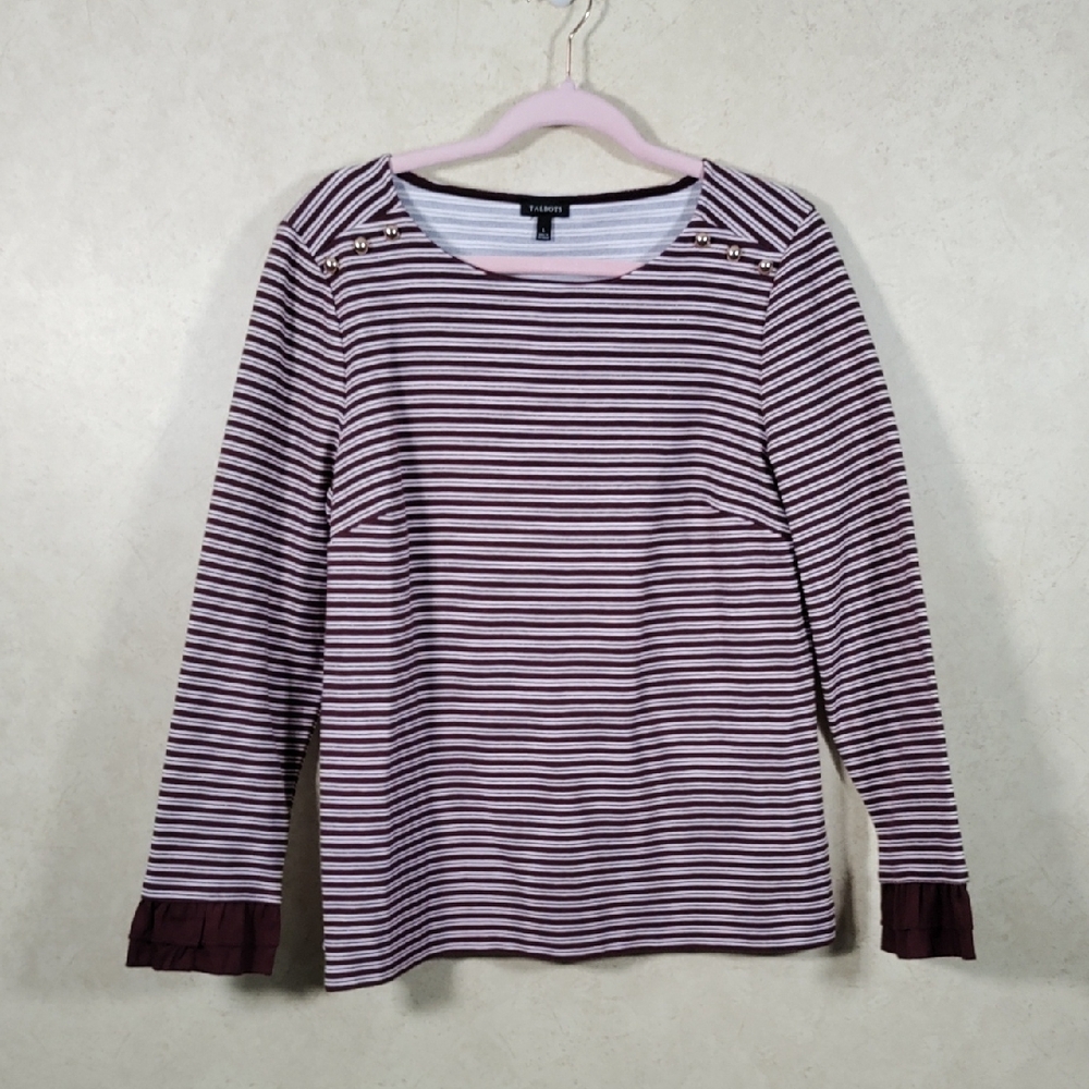 E178 Talbots maroon, white & gold striped knit L/S knit shirt L